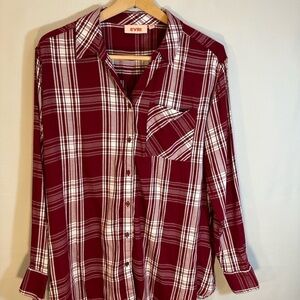 EVRI Long Sleeve Button Up Boyfriend Shirt Plaid Checker Stripe Blouse Boho OX